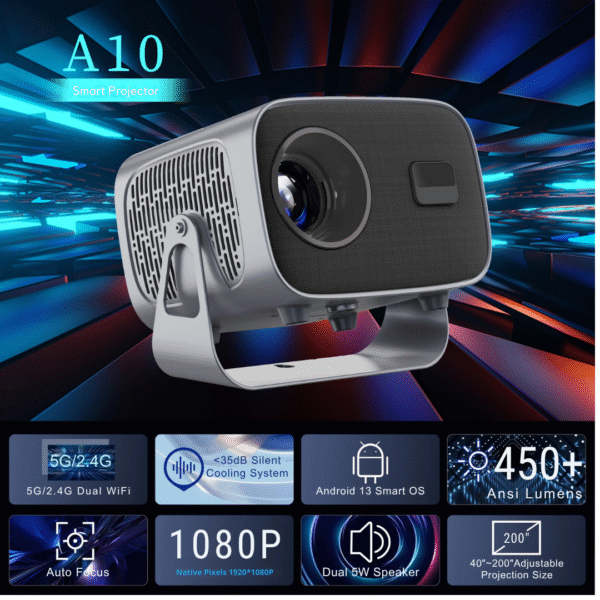 A10 Smart Projector 1080P FHD + K8 Game Stick | Android 13, 4K Support, 10,000+ Live Channels, 40,000+ Games, 450 ANSI Lumens | Home Theater & Gaming Combo