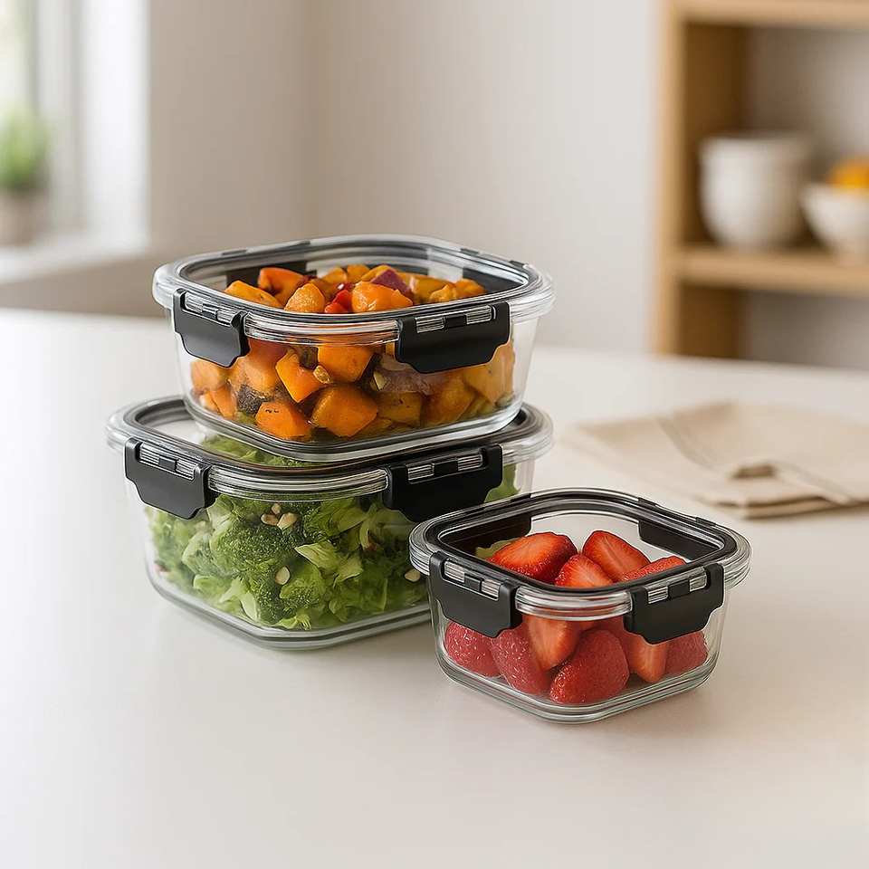 3-Piece Square Glass Food Storage Containers Set – 320ml, 580ml & 800ml | Leak-Proof, BPA-Free