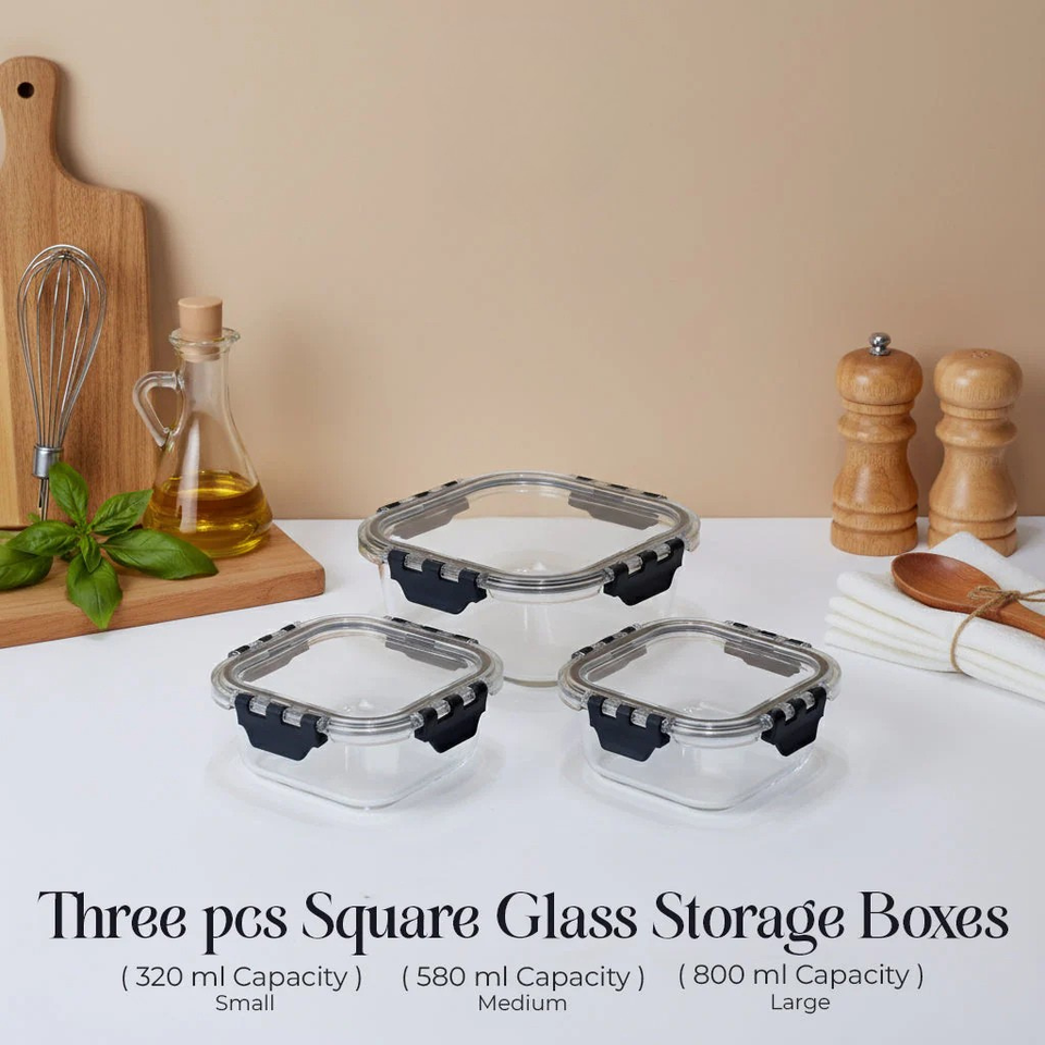 3-Piece Square Glass Food Storage Containers Set – 320ml, 580ml & 800ml | Leak-Proof, BPA-Free
