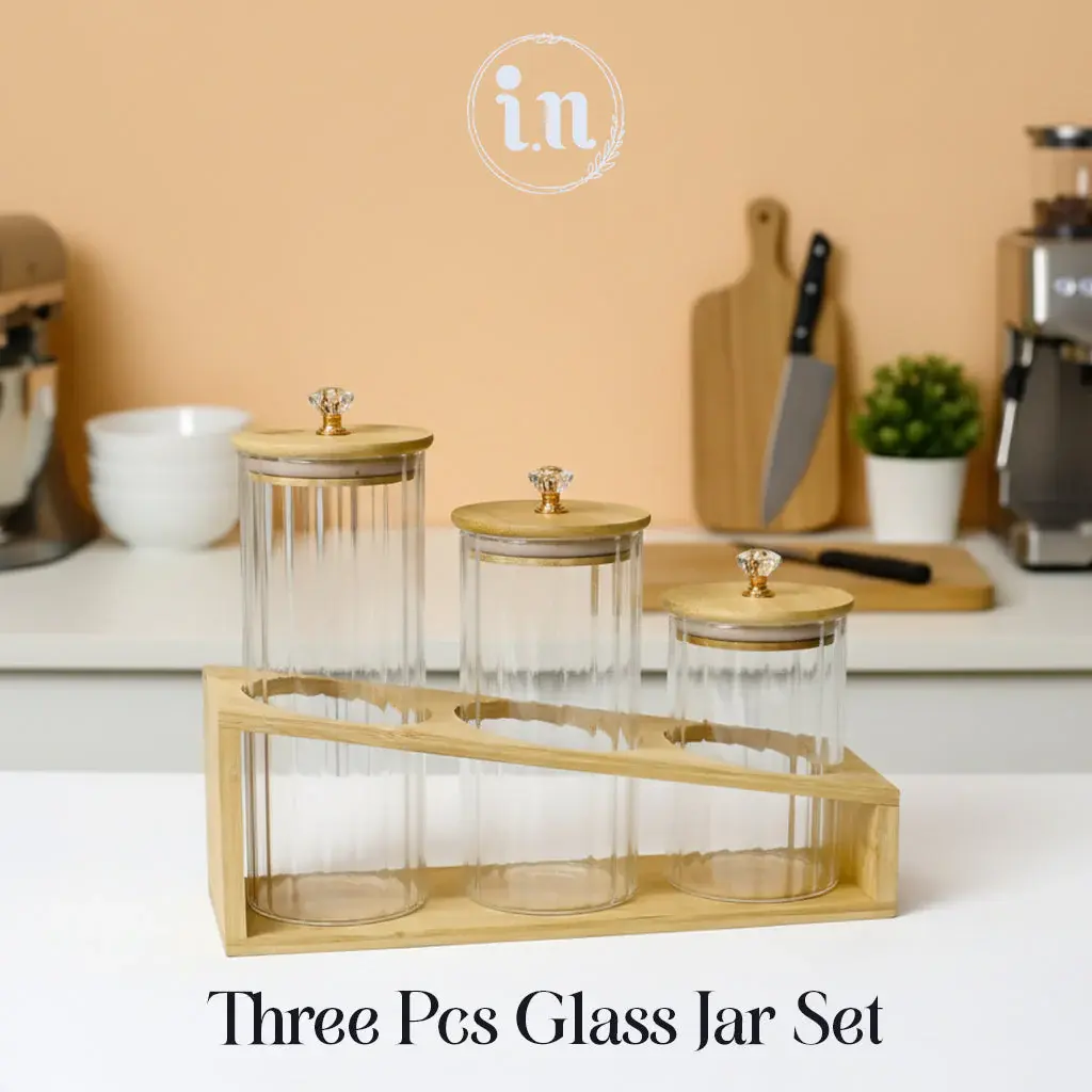 3 Pcs Luxury Airtight Glass Storage Jar Set with Wooden Organizer