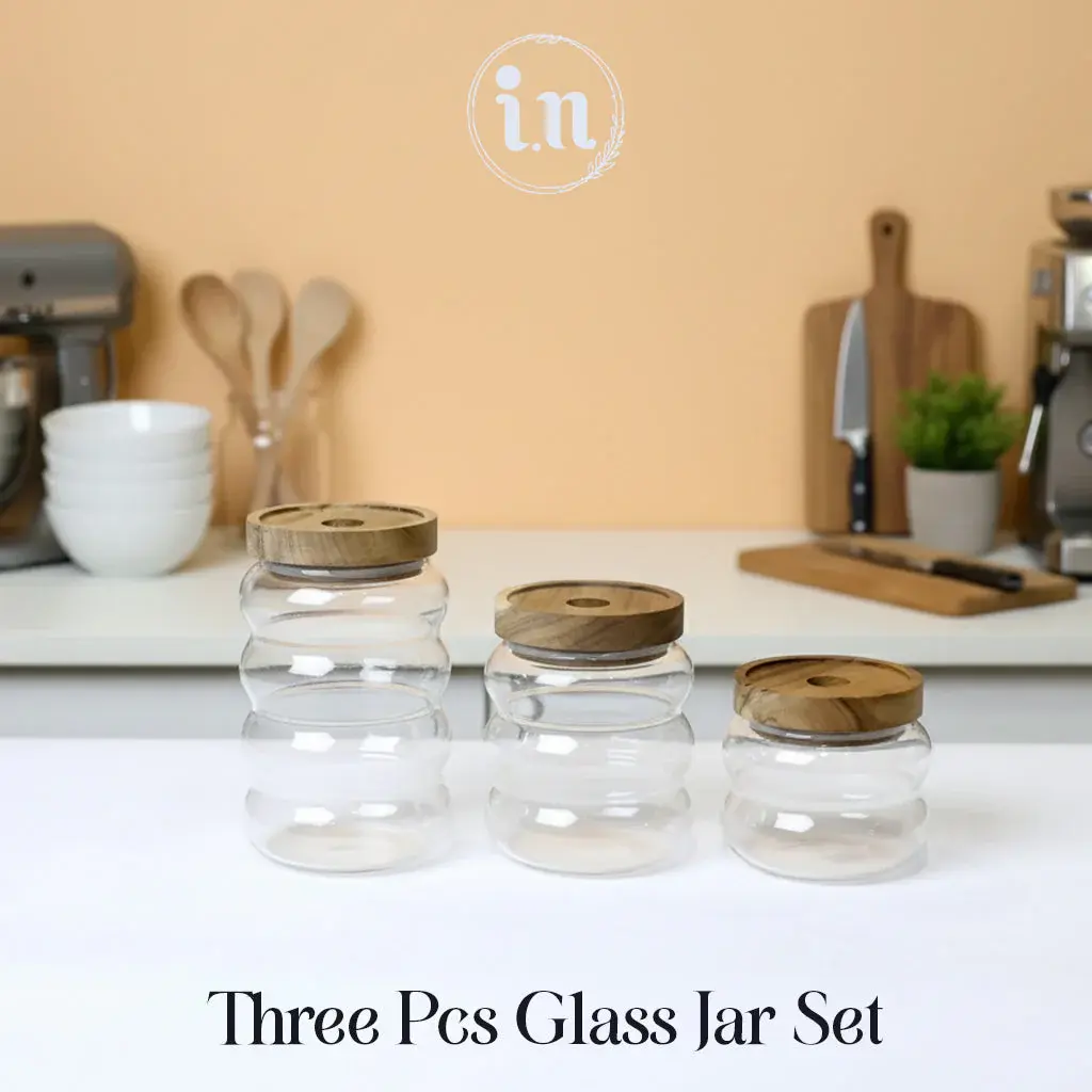 3 Pcs Round Airtight Glass Jar Set with Wood Lids